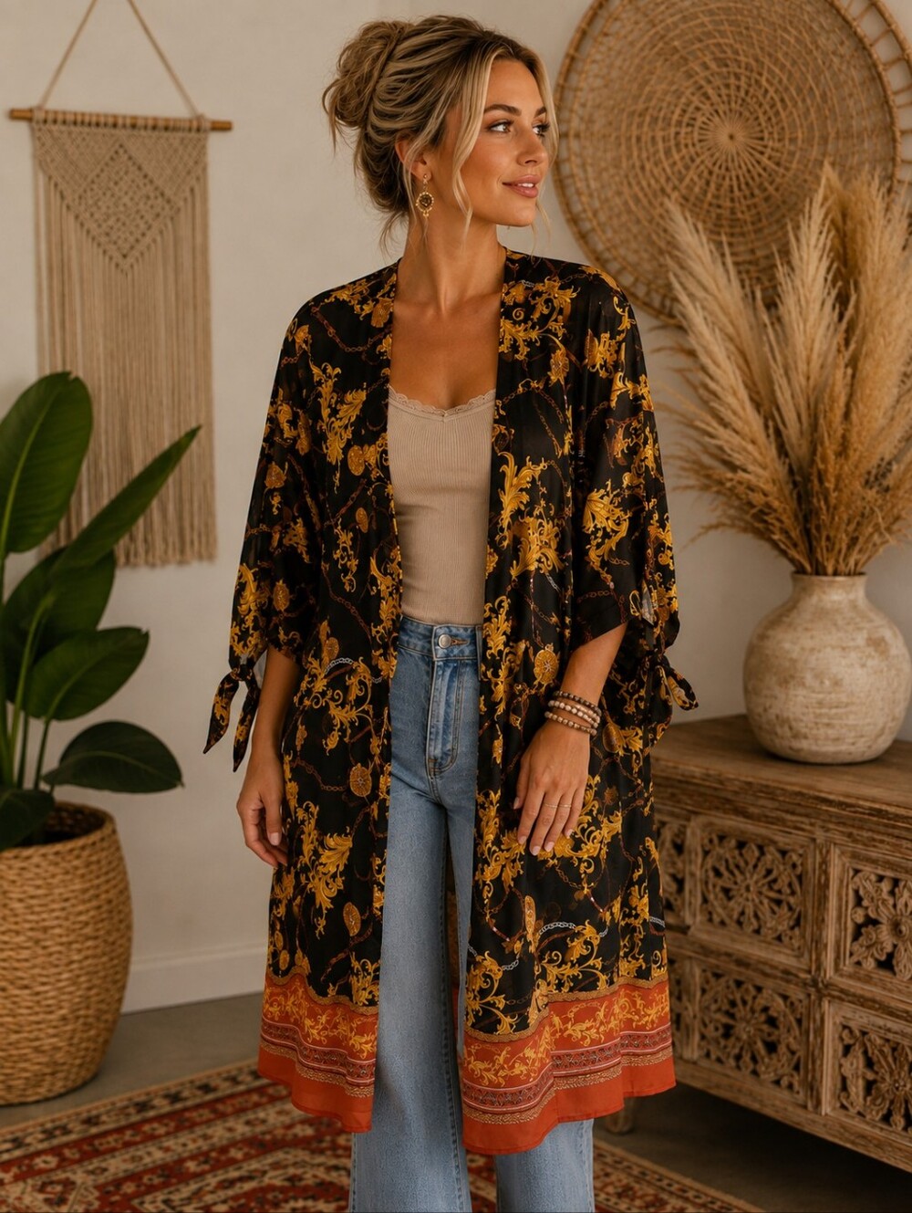 Black & Gold Baroque Print Kimono Blouse with Rust Border